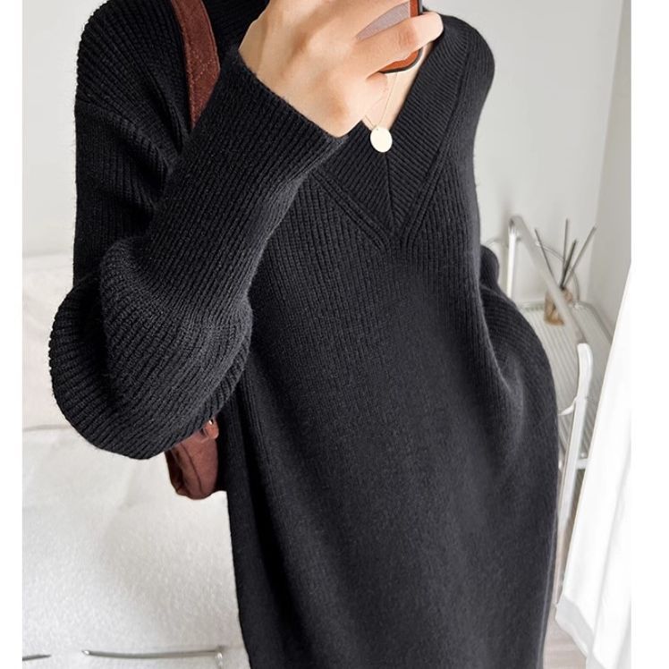 French lazy wind, thin collar collar, loose casual pure color long -sleeved knit sweater dress
